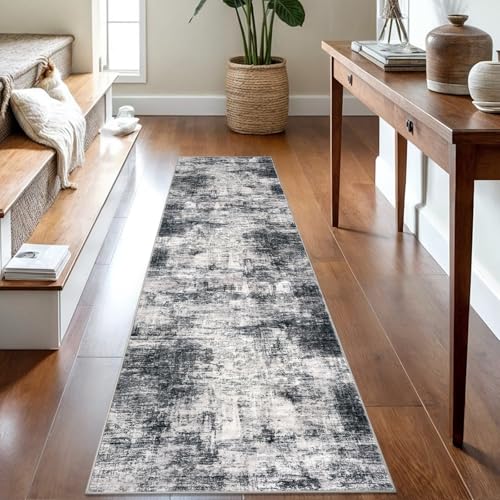 IOHOUZE Abstract Runner Rug 2x8 Ft Washable Runners for Hallways, Non Slip Kitchen Runner Printed Faux Wool Entryway Runner Indoor, Modern Abstract Floor Carpet for Hall Kitchen Bedroom, Black Gey by IOHOUZE - Used condition - US$22.67