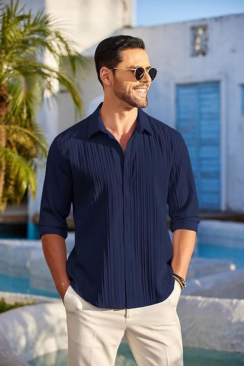 Image of Men's Casual Button Down Linen - Long Sleeve Textured Summer Beach Shirt - Men's Fashionable Lightweight Breathable Stylish Fancy for Vacation