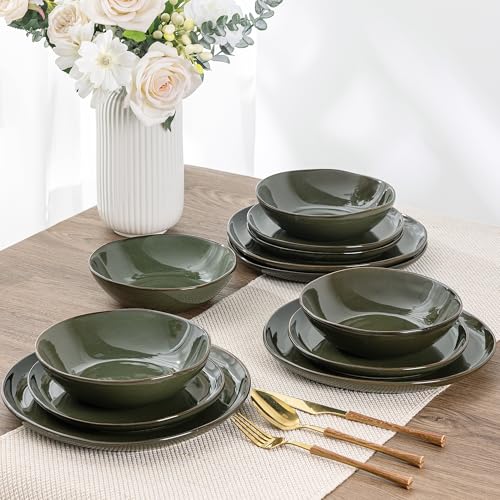Image of AmorArc Ceramic Dinnerware Sets for 4, 12Pcs Plates and Bowls Sets Dishes | Stoneware Handmade Reactive Glaze Dinner Set, Highly Scratch Resistant | Dishwasher & Microwave Safe Dishware