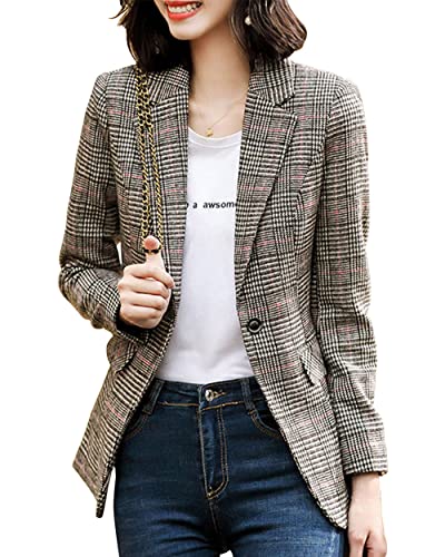 ebossy Women's Notch Lapel 2 Button Boyfriend Blazer Suit Houndstooth Plaid Jacket Coat