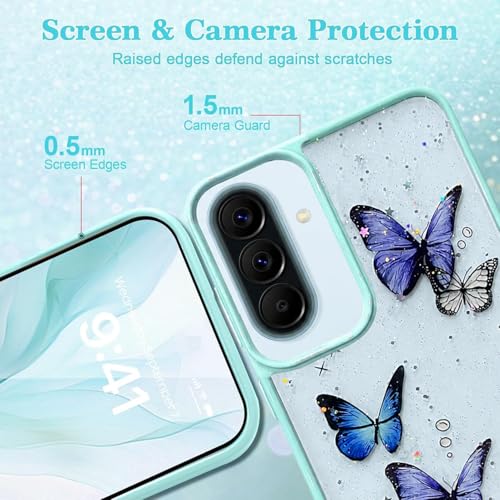 Image of VONZEE for Samsung Galaxy A57 Clear Glitter Butterfly Case, Cute Bling Sparkle Shiny Soft Silicone TPU Bumper Shockproof Women Girls Slim Protective Phone Cover for Samsung Galaxy A57, Mint