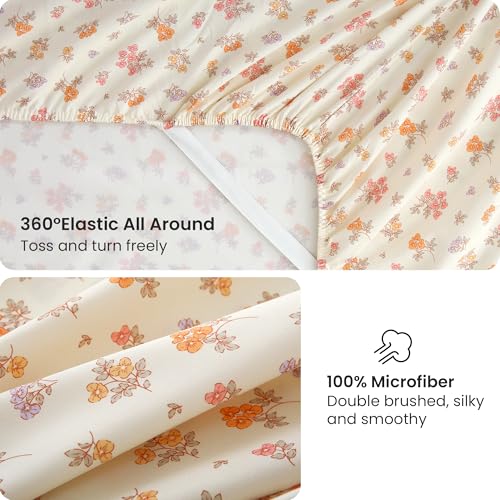 Image of Viviland Floral Twin Sheet Set - 3 Piece Vintage Yellow Boho Flower Patterned Bed Sheets - Soft, Breathable Microfiber Sheets with Deep Pocket, Non-Slip Fitted Sheets & Pillowcases