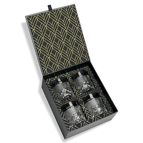 Set de 4 Verres à Whisky en Cristal Série Admiral (280ml) - Parfait pour la Dégustation de Whiskey, Bourbon et Cocktails - Magnifique Coffret Cadeau Or à Chaud