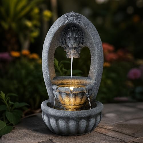 Image of Lion Head 2-Tier Outdoor Water Fountain, Resin & LED, 31.1 in