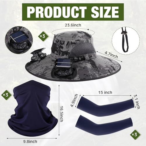 Image of Syhood 3 Set Solar Fan Hats with Arm Sleeves & Neck Gaiter, Wide Brim Sun Hat with Fans for Men Women Cooling Sun Protection Set for Outdoor Fishing Hiking Camping