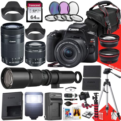 Canon EOS Rebel SL3 DSLR Camera with EF-S 18-55mm f/4-5.6 is STM, EF-S 55-250mm f/4-5.6 is STM and 500mm f/8.0 Preset Telephoto Lens + 64 GB Memory + Filters + More (40pc Bundle), Black (Renewed)