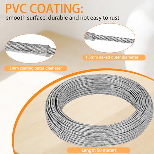 Tbintul 50M Drahtseil 2mm,Stahlseil Kit,Stahlseil Ummantelt mit Ösen Seilspanngarnitur,Edelstahlseil für Gardinenseil Wäscheleinen Kletterpflanzen Gardinenseil Zäunen