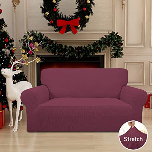 Image of Easy-Going Stretch Loveseat Slipcover 1-Piece Sofa Cover Furniture Protector Couch Soft with Elastic Bottom for Kids Polyester Spandex Jacquard Fabric Small Checks (Loveseat, ASH Rose)