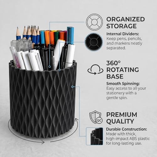 Image of Lebenrich Aesthetic Black Pen Holder for Desk, Rotating Plastic Desk Pencil Holder Organizer for Home School Office