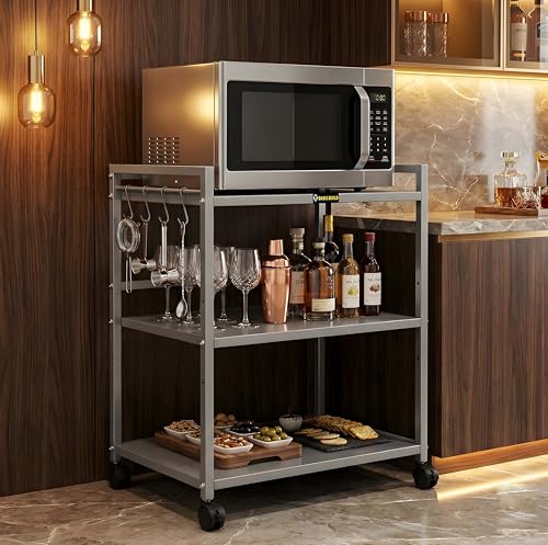 Image of Basic Build Heavy Duty 3 Tier Microwave Oven Stand for Kitchen | Multi-Purpose Metal Rack with Wheels | Storage Organizer for Oven, OTG, Air Fryer, Printer, and Appliances (Silver)