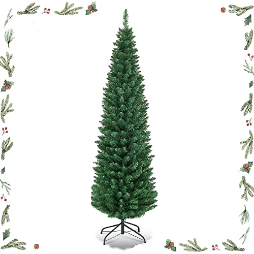 GYMAX Árbol de Navidad Slim 180 cm, Estrecho y Alto, 400 Ramas de PVC ignífugo, Gruesas y realistas, Soporte de Hierro, Divisible por Transporte, árbol de Navidad Artificial Verde Cover