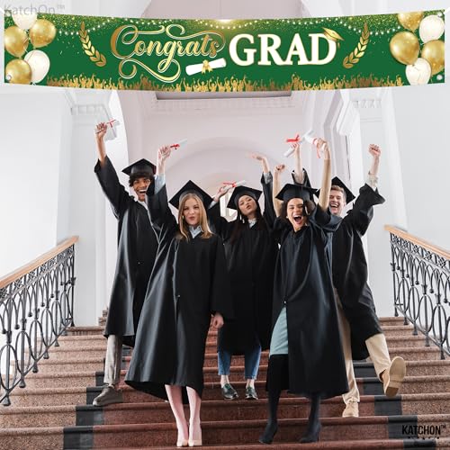 Image of Katchon, Xtralarge Green And Gold Congrats Grad Banner - 120x20 Inch | Graduation Yard Banner Class Of 2026 | Grad Banner Class Of 2026 Decorations | 2026 Graduation Decorations | Grad Party Decor