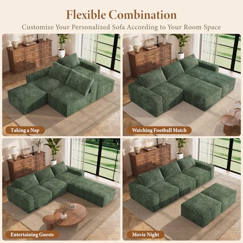 Image of Vesgantti 114 inch Boneless Modular Sectional Sofa, Modern U Shaped 5 Seater Couch with 2 Ottoman & Deep Seat, Convertible Chenille Cloud Couches for Living Room, No Assembly Required, Green