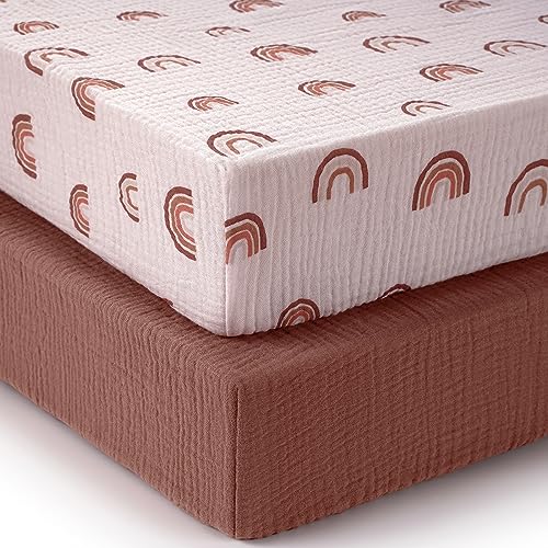 Image of Blissful Diary Muslin Crib Sheets for Girl Boy, Boho Neutral Soft Cotton Baby Sheet for 52''x28'' Standard Crib Mattress, 2 Pack(Rainbow&Cedar)