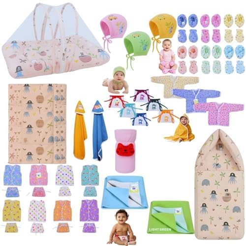 Image of Toddylon Baby Essentials for Newborn Kit 52 in 1 Cotton Combo | New Born Infant Essentials Kit 0-6 Months | Infants Combo Set with Mattress, Clothes & Hospital Kit (Pink)