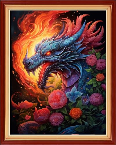 Image of Funchey Stamped Cross Stitch Kits, DIY Cross Stitch Pattern for Adults Beginners Needlepoint Kits Embroidery Kit Arts and Crafts 11CT-Magic Dragon Flower 16x20 inch