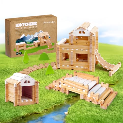Jovi-mindly＆Notchies 96 PCS Wooden Blocks Wooden Toys with Storag...