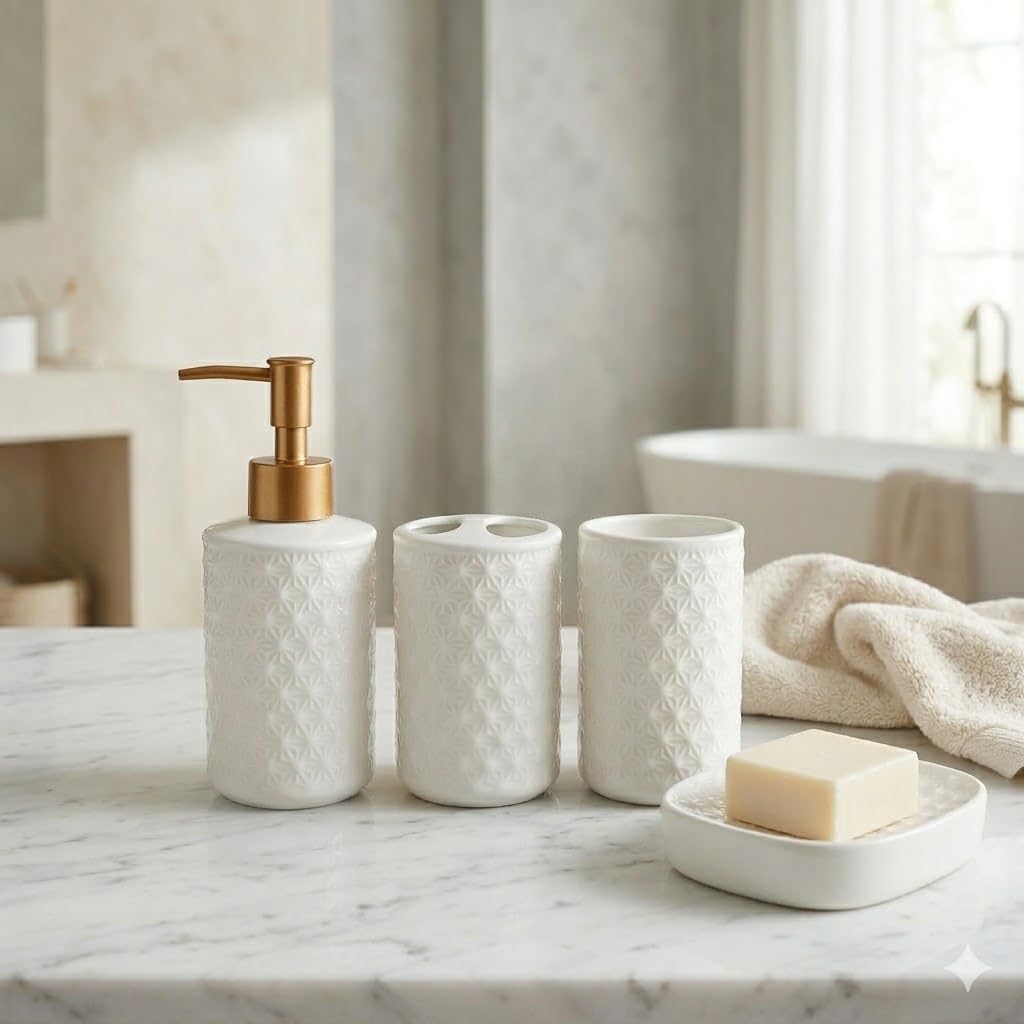 White Bathroom Accessories Set, 4 Pcs Ceramic Bathroom Accessory Set, Lotion Soap Dispenser, Toothbrush Holder Set with Soap Dish, Modern Bathroom Decor (Star-Patterned)