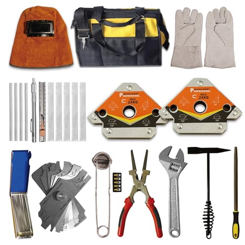 FIOQE 26Pcs Welding Kit with Helmet & Leather Gloves - Includes Chipping Hammer, Torch Striker, Fillet Gage, Wrench, Welpers, Brush & More - Welding Tools Set for Professionals & DIY