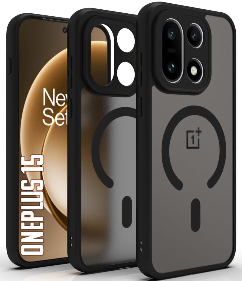 Image of RIGGEAR Shockproof Sleek Hybrid Armor Upgraded C-Shaped Magnetic Back Cover Case Compatible with MagSafe Accessories for OnePlus 15 (Smoke Black Matte PC + Black TPU Bumper)
