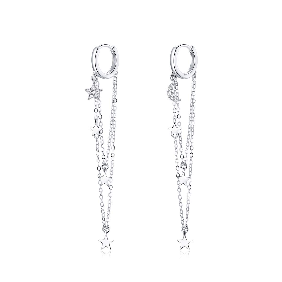 WBDWWTD Pendientes de Plata de Ley 925 con borlas de Estrellas y Luna para Mujer