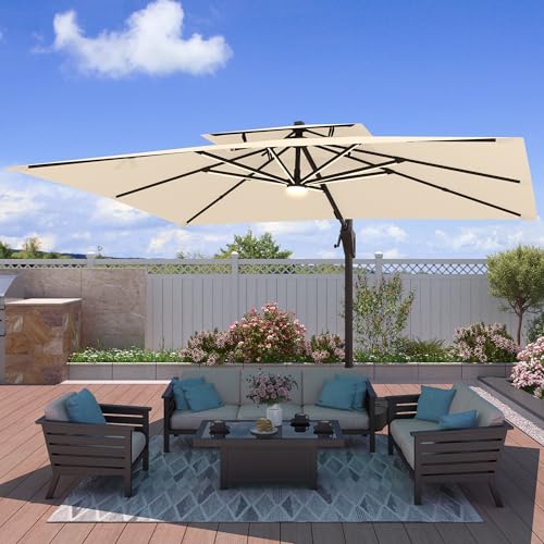Image of Sumbrellon 2.7 X 3.6 M Garden Parasol with Led Lights, Outdoor Large Heavy Duty Rectangular Cantilever Umbrella with 360° Rotation and Tilt Adjustment for Patio Tables, Beige
