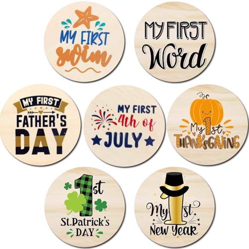 Image of My First Holiday Milestone Cards Sign, Double Sided Newborn Photo Props Pregnancy Journey Baby Shower My First Holiday Anniversary Milestone Wooden Discs