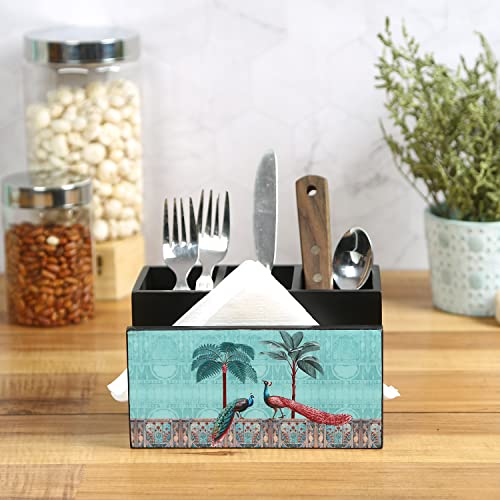 Image of Reinvention Factory Wooden Cutlery Holder I Countertop Organizer - Spoon Fork Knife Napkin Tissue Paper I Desk Supplies Pencil Pen Stationery Stand I Home & Kitchen I Size 7 inch X 5 inch X 4 inch Peacock