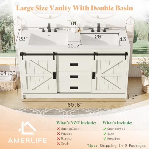 AMERLIFE-61-Farmhouse-Double-Bathroom-Vanity-with-Sink-Combo-Dual-Basin-Bathroom-Storage-Cabinet-with-Sliding-Barn-Doors-Drawers-Large-Double-Bath-Vanity-Sink-Set-Rustic-White AMERLIFE 61 Farmhouse Double Bathroom Vanity with Sink Combo Dual Basin Bathroom Storage Cabinet with Sliding Barn Doors Drawers Large Double Bath Vanity Sink Set Rustic White