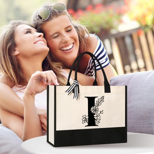 Image of Tecanne Personalized Initial Canvas Tote Bag, Suitable for Birthday, Wedding, Beach, Holiday, Gifts for Women, Mom, Teachers, Nurses, Best Friends, Bridesmaids (I)