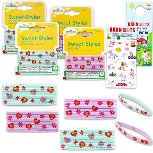 Sesame Street Hair Scrunchies for Girls Set - Bundle with 24 Elastic Hair Accessories Plus Stickers, More | Sesame Street Hair Ties for Girls, Kids