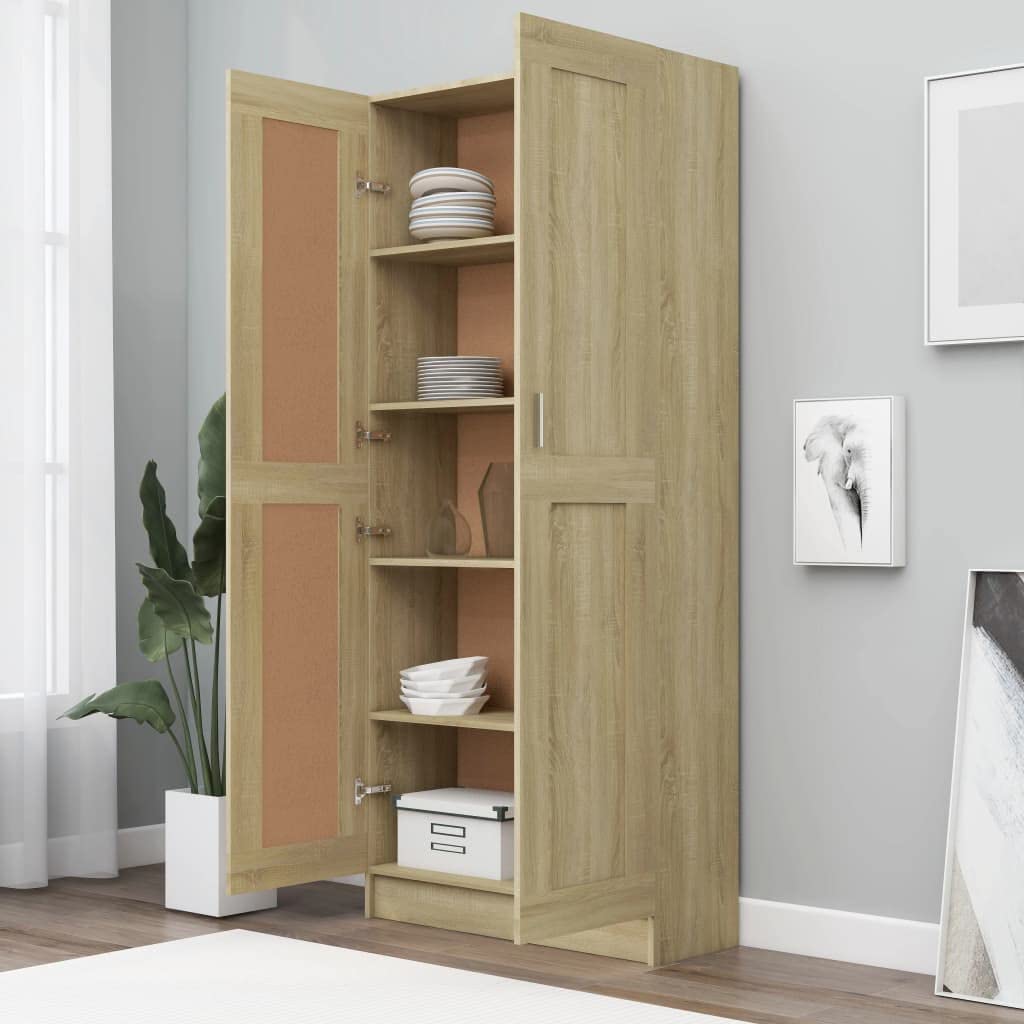 Homgoday Vetrina in vetro 4 scomparti 2 porte, soggiorno, sala da pranzo, cucina, legno ingegnerizzato grigio Sonoma 82,5 x 30,5 x 150 cm
