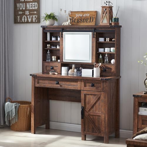 T4TREAM Farmhouse Makeup Vanity Desk with Sliding Mirror and Lights,