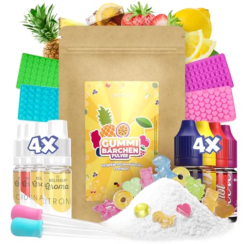 Belissia Gummibärchen zum Selbermachen - DIY Set für Kinder - ca. 1 kg bunte Gummibärchen mit Aroma - Geschenkidee für Kindergeburtstag, Geburtstag & Weihnachten - inkl. 4 Aromen, 4 Farben & Formen