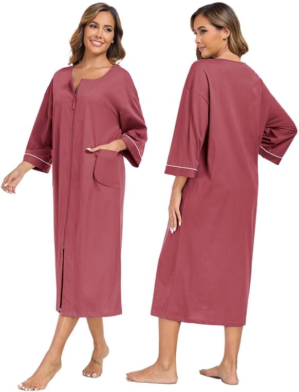 CF Women's 100% Cotton Zipper Robes 3/4 Sleeve House Coat Zip Up Housecoat Warm Full Length Loungewear with Pockets - Image 2