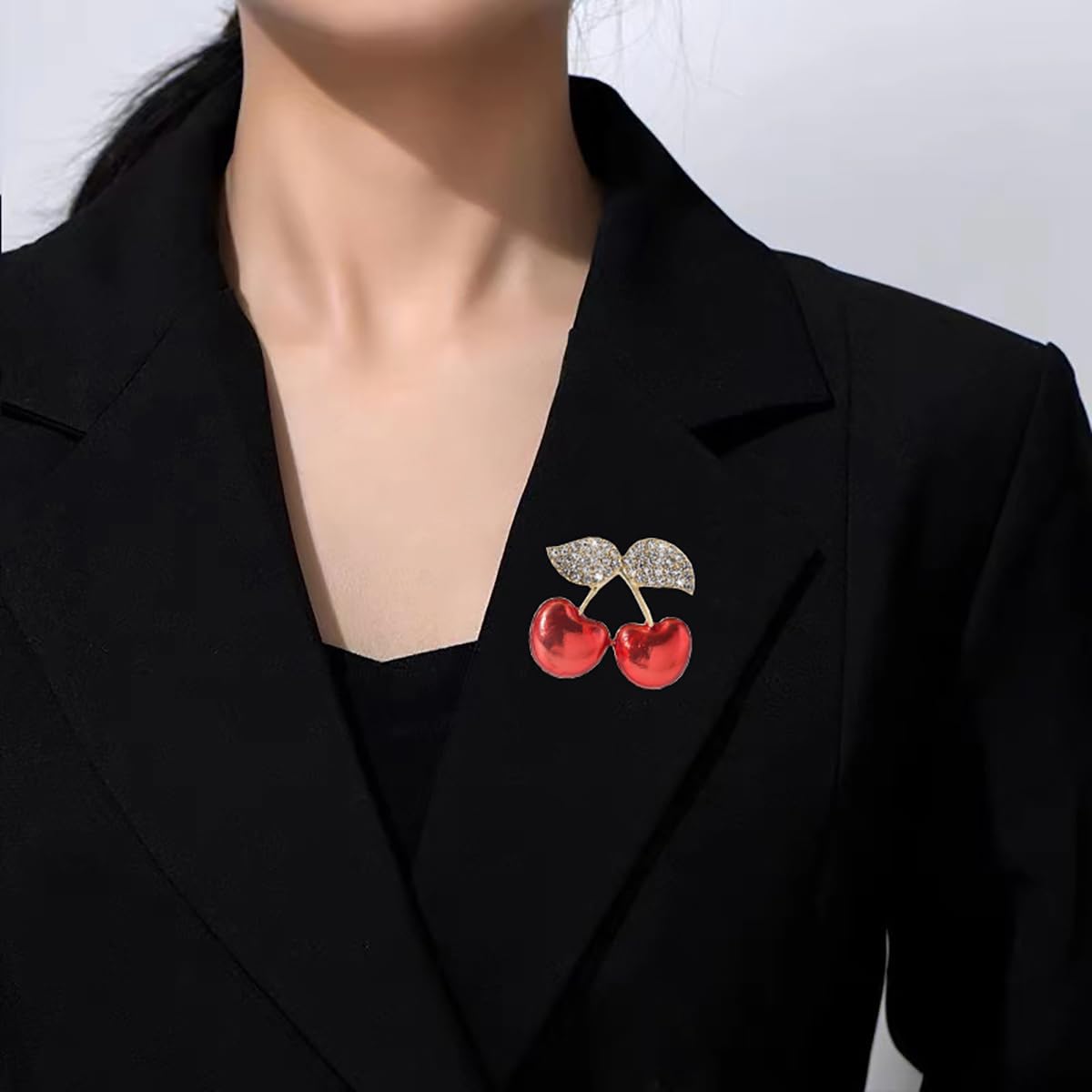 Dainty Enamel Cherry CZ Brooch Pin for Women Rhinestone Cluster Small Red Fruit Clear Crystal Brooches Lapel Pins Dress Accessories Unisex Delicate Birthday Christmas Party Fashion Chic Jewelry - Image 2