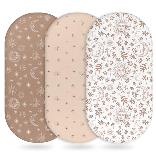 Image of Unnivoll Baby Bassinet Sheets Girl Boy, Fitted Bassinet Sheet Set 3 Pack Bassinet Mattress Sheets Universal Fit for Rectangle, Round, Oval, Hourglass Mattress, Soft Breathable White Brown Sun God