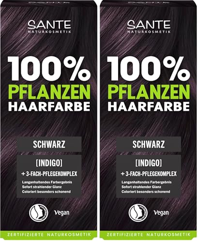SANTE Naturkosmetik Tinte para el pelo vegetal, negro, 100 g, coloración natural con índigo, color de pelo sin amoniaco ni peróxidos, vegano y dermatológicamente probado (Paquete de 2)