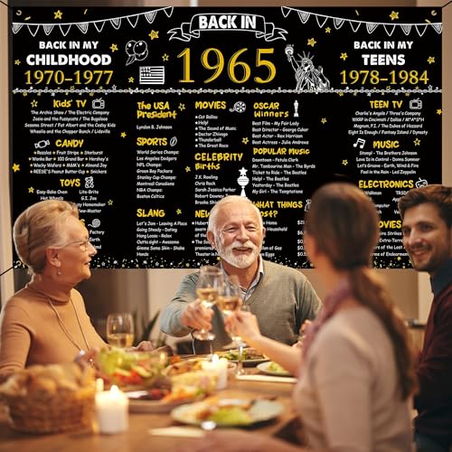 Image of DARUNAXY 61st Birthday Black Gold Party Decoration, Back in 1965 Banner Cheers to 61 Years Old Birthday Party Poster Supplies, 6 * 3.6FT Vintage 1965 Backdrop Photography Background for Men and Women