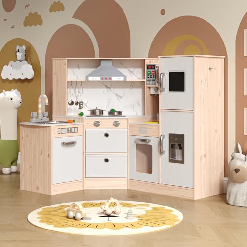BVIUNTWO Play Kitchen Toy Set, Wooden Kids Kitchen Playset with Real Lights & Sounds, Sink, Stove, Oven, Ice Maker and Accessories for Toddlers Ages 3+, White and Light Wood