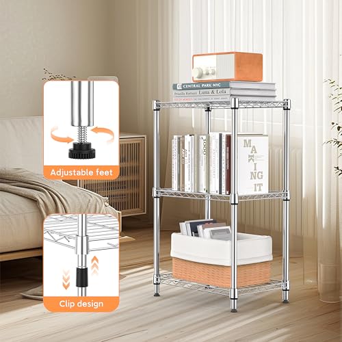 Image of M MZG 3 Tiers Shelf Metal Storage Shelves Wire Rack Closet Organizers with Wheel for Garage Kitchen Bathroom Laundry Chrome 11.8 inch D x 17.7 inch W x 28.8 inch H
