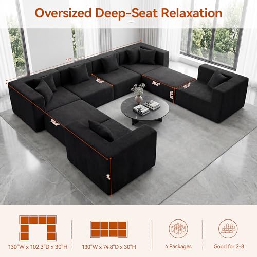 Image of MONVANE Modular Sectional Sofa, Oversized 8 Seat Convertible U Shaped Couch with Ottoman, Comfy Teddy Velvet Cloud Couch with Deep Seat, Sectional Couches for Living Room, No Assembly Required, Black