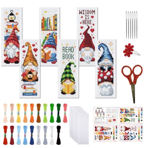 Image of FREEBLOSS 6 Set Cross Stitch Bookmark Kit 11 CT Stamped Cross Stitch Kit DIY Embroidery Bookmark Kits for Adult Beginners with Instructions, Gnome Pattern, 6 x 20 cm /8 inch x 2.4 inch
