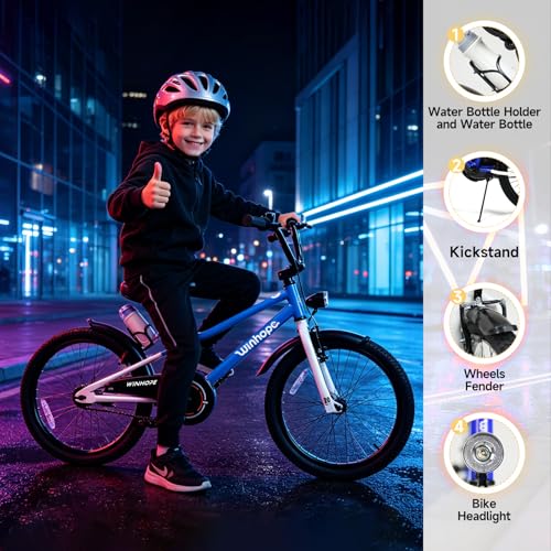 Image of WinHope Kids Bike with Headlight, 12-20 Inch Pedal Bike for 2-12 Boys Girls | Steel Frame with Training Wheels Water Bottle | Dual Brake for Summer Outdoor Riding | Birthday Gift for Toddlers