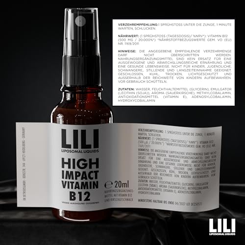 High Impact Vitamin B12 Spray I Liposomales Liquid mit 500 µg pro Sprühstoß I Bioaktive Formen Methylcobalamin + Adenosylcobalamin I Hochdosiert I 160 Sprühstöße I vegan, alkoholfrei & zuckerfrei