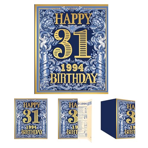Gcardist Tarjeta de felicitación de 31 cumpleaños 2025, tarjeta de regalo de cumpleaños de 31 años, recuerdo en 1994, oro azul vintage (sobre)