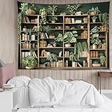HVEST Green Plant Bookshelf Tapestry Book on Bookshelf and Plant Potted Tapestry Wall Hanging Reading Wall Art Decor for Study Room Bedroom Living Room College Dorm, 40L x 60W Inches