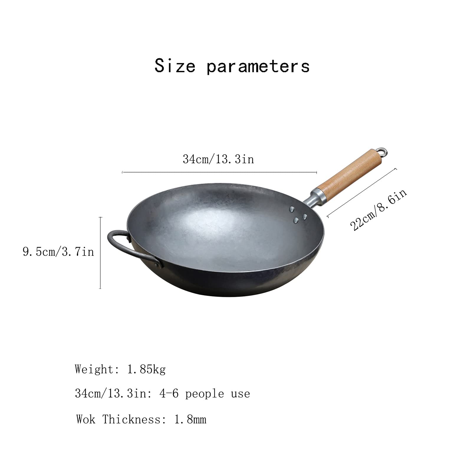 Craft Anti-aderente Wok Tradizionale Mano Martellato Acciaio al carbonio Pow Wok con Legno e acciaio Helper Handle (Fondo tondo) (Size : 34cm/13.3in)