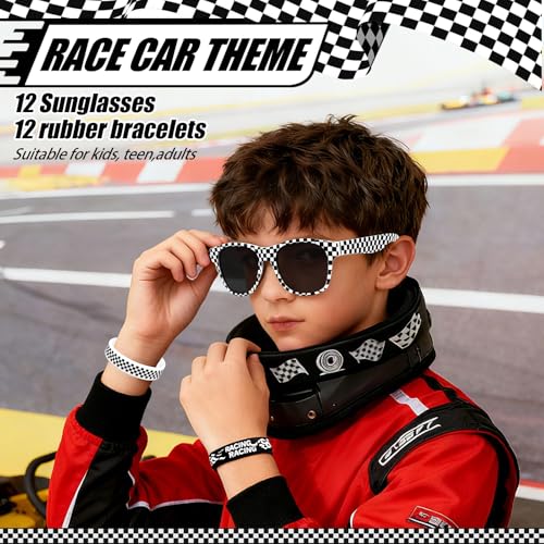 Image of 24-Pack Race Car Party Favors - 12 Checkered UV Protection Sunglasses & 12 Rubber Bracelets, Racing Goodie Bag Stuffers for Kids Boys Girls Adults Party Decor & Daily Styling (Race Car Theme)