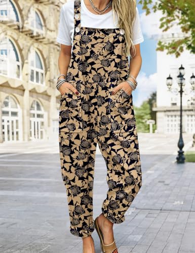 Image of YESNO Women's Overalls Cotton Boho Casual Floral Bib Jumpsuit Baggy Adjustable Strap Romper with Pockets PVV
